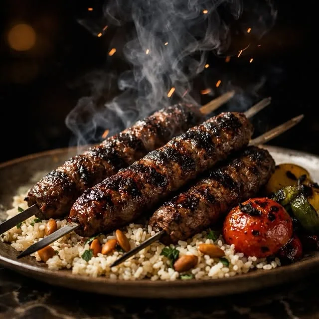 Grilled kafta skewers over rice, with charred tomato and peppers