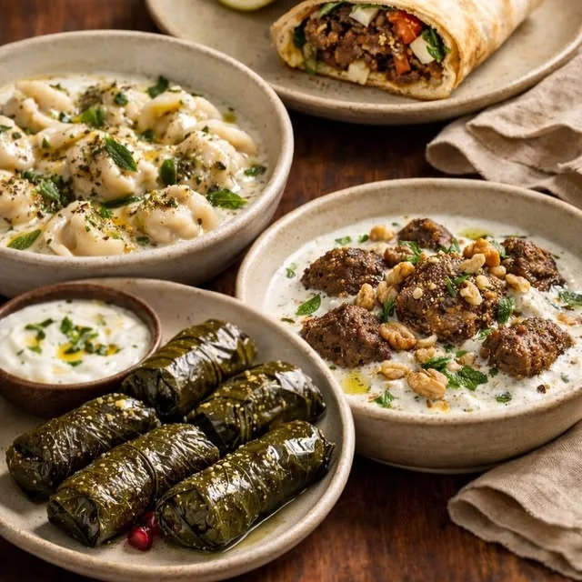 Amilya dishes: stuffed vine leaves, labneh, a wrap and pastries